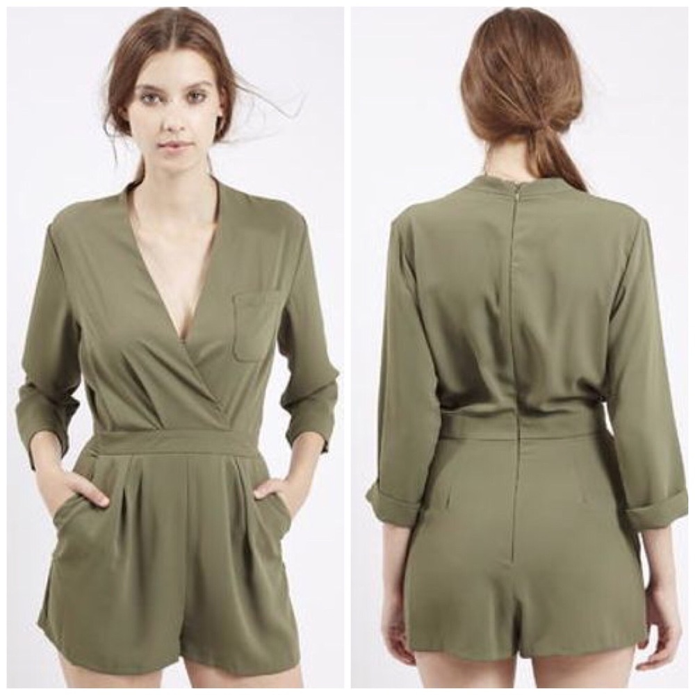TOPSHOP Natural Drape Front Short Green Romper 2